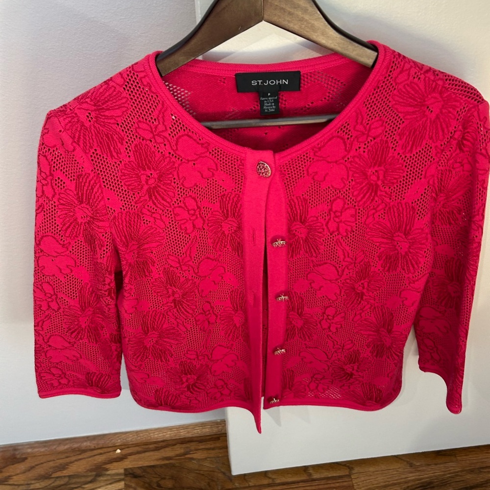St. John Pink Floral Knit Cardigan